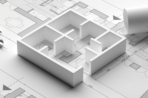 Residential building blueprint plans and house model, banner. 3d illustration Building project blueprint plans and house model. Real estate, construction concept, banner. Architecture design. 3d illustration